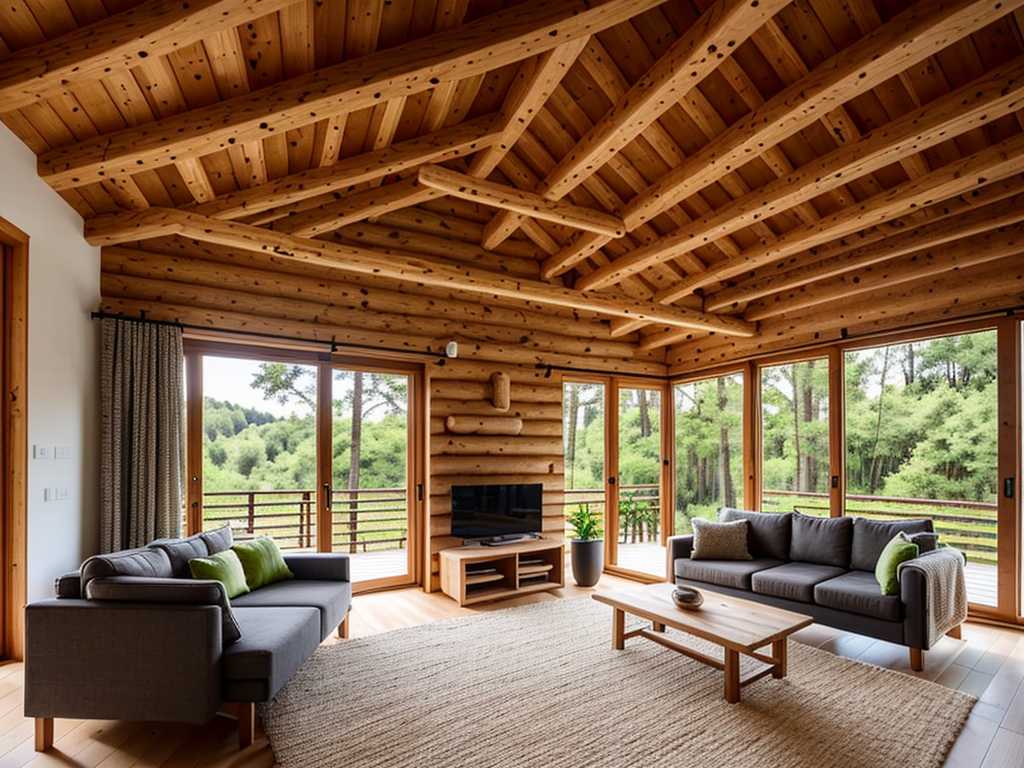 A beautifully finished eco-friendly home interior, showcasing a cozy living room with exposed wooden beams and walls